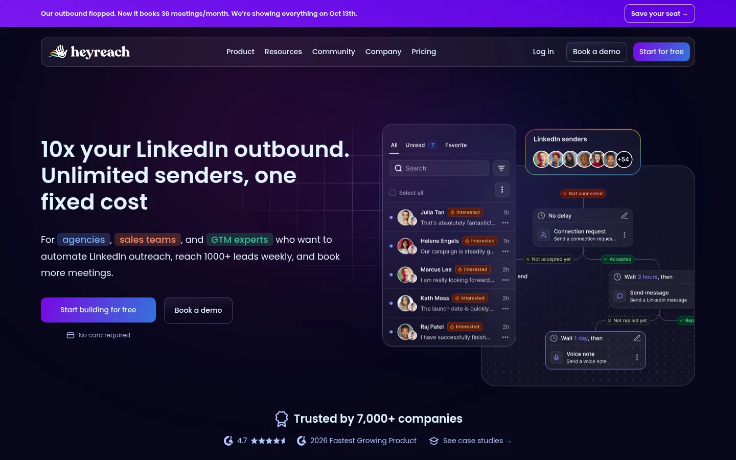 Homepage of the HeyReach software