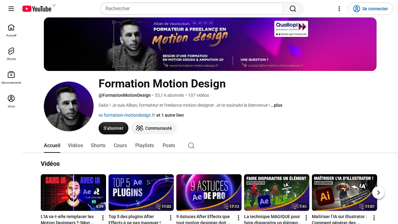 Alban de Vaucouleurs를 강사 겸 프리랜서 모션 디자이너로 소개하는 배너와 After Effects, Illustrator 튜토리얼이 있는 YouTube 채널 Formation Motion Design