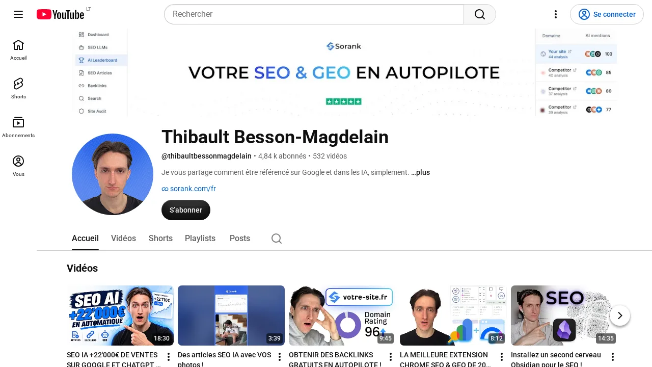 동영상 532개와 Google 및 AI 어시스턴트에 쉽게 노출되는 방법에 관한 소개 문구가 보이는 Thibault Besson-Magdelain의 YouTube 채널