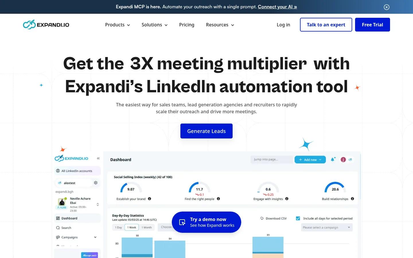 Homepage of the Expandi software
