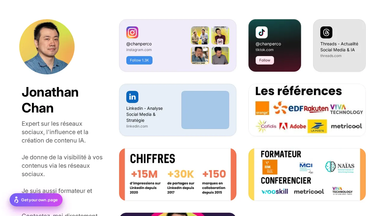 ソーシャルネットワーク、インフルエンス、AI によるコンテンツ制作の専門家 Jonathan Chan のリンクページ。Instagram、TikTok、Threads、LinkedIn のアカウント付き