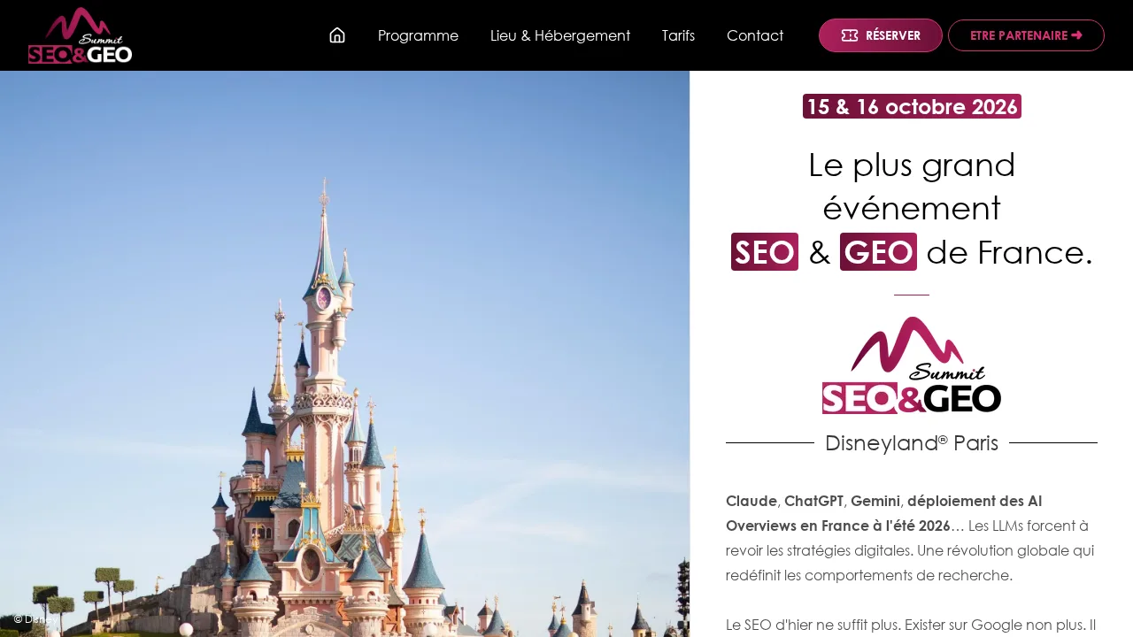 Homepage van de SEO & GEO Summit met de aankondiging van de editie van 15 en 16 oktober 2026 in Disneyland Paris, met een foto van het kasteel van Doornroosje en de slogan die het presenteert als het grootste SEO- en GEO-evenement in Frankrijk