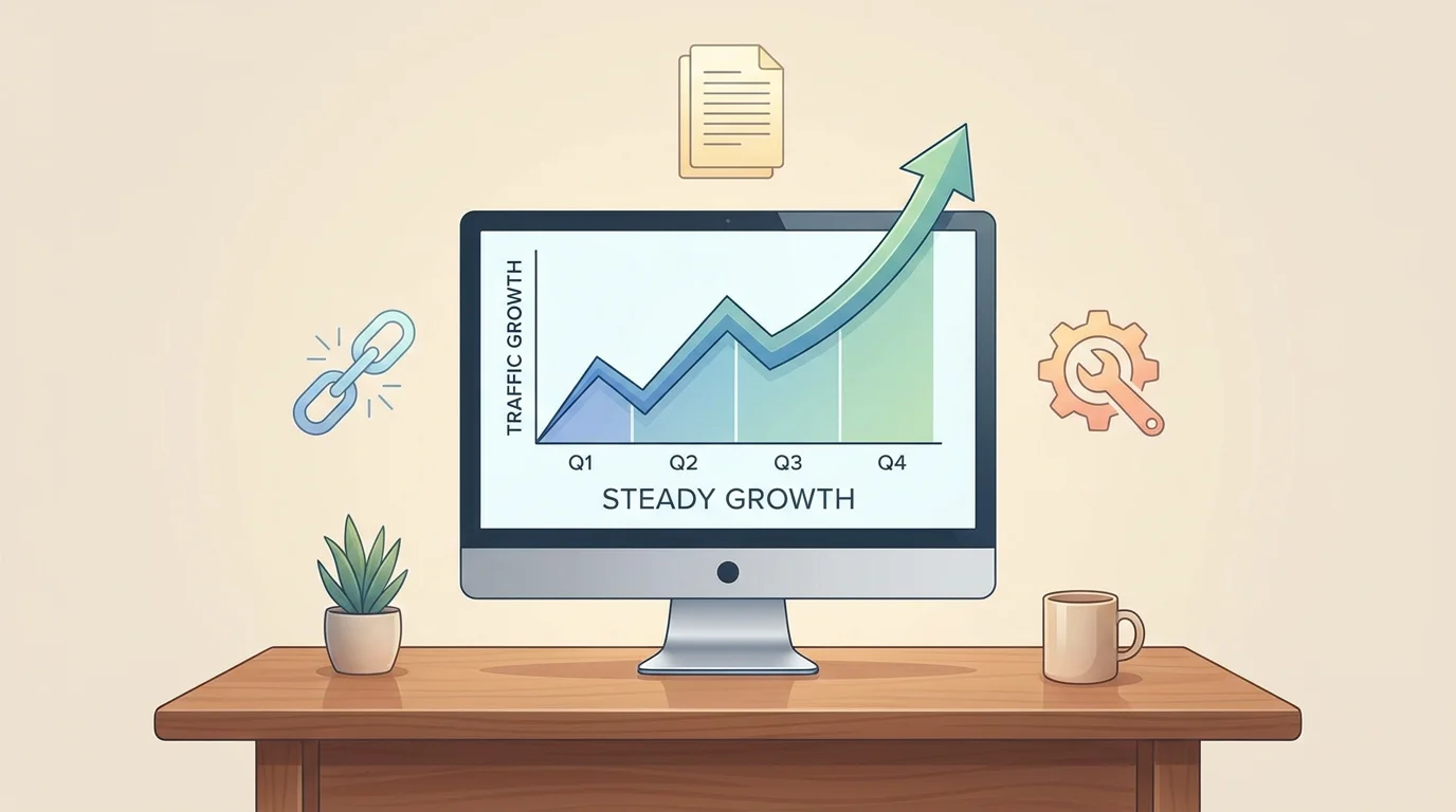 Illustrazione di un grafico di crescita dell'autorità di un sito sullo schermo di un computer con icone SEO