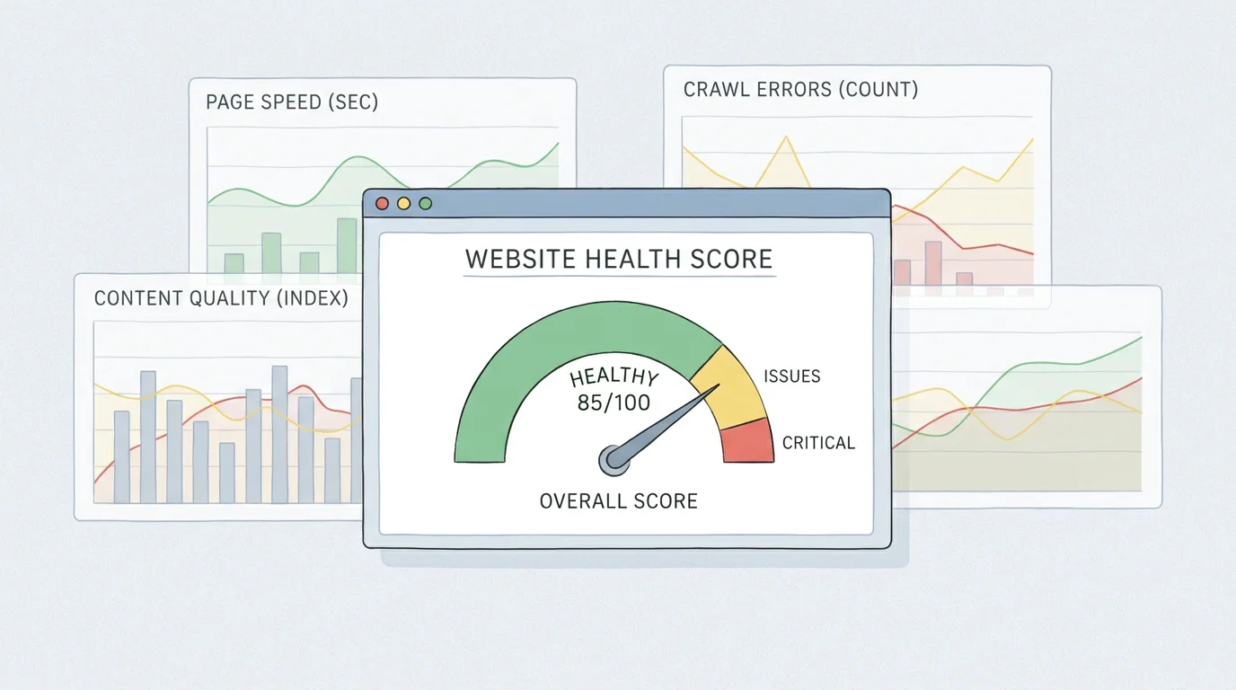 Painel de um software de diagnóstico SEO com métricas de saúde do site e pontuações de desempenho