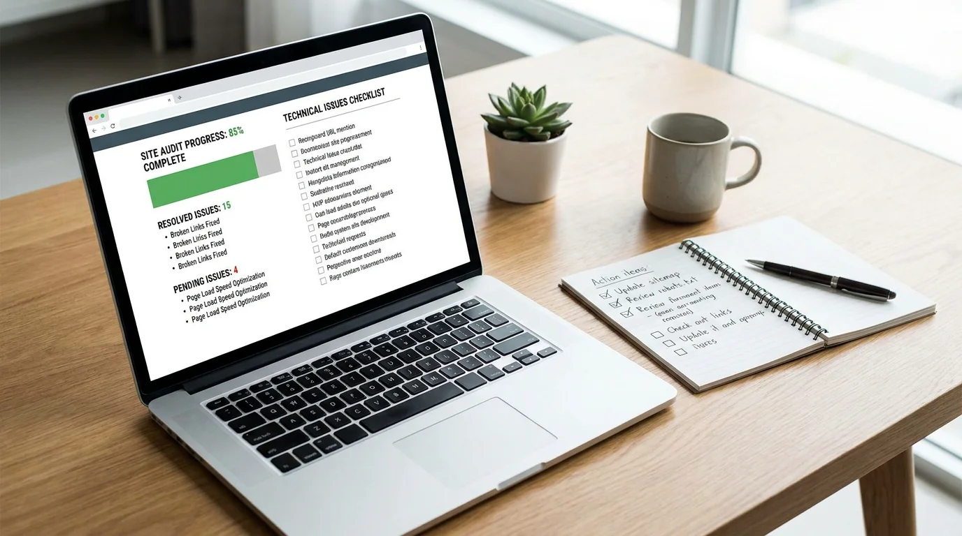 Fluxo de trabalho de diagnóstico SEO automatizado num portátil com uma checklist de auditoria técnica