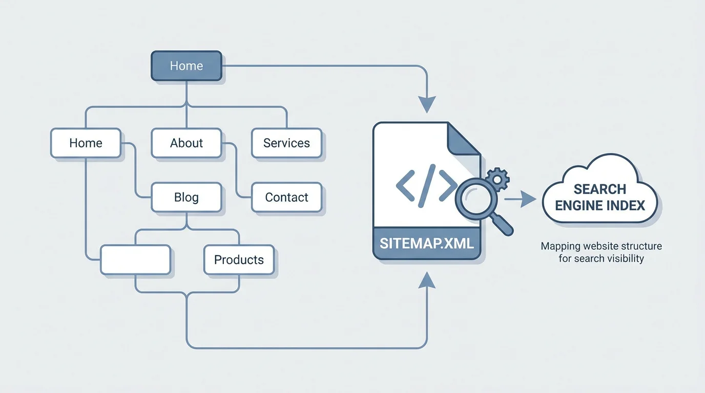 Diagramm, das zeigt, wie ein Sitemap-Generator die Seiten einer Website in einer strukturierten XML-Datei für Suchmaschinen abbildet