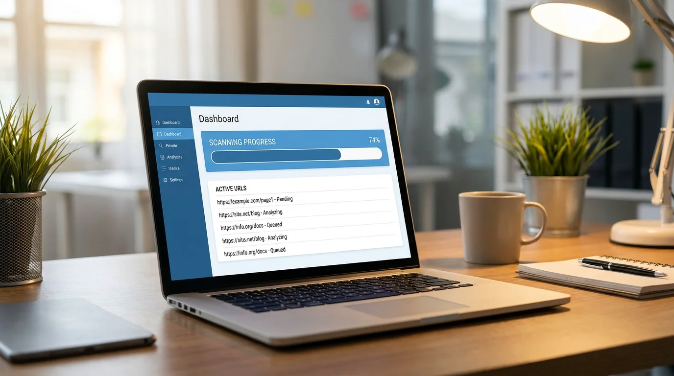 Laptop mit einem Dashboard zur Sitemap-Erstellung, das die URLs einer Website scannt, in einem professionellen Büro