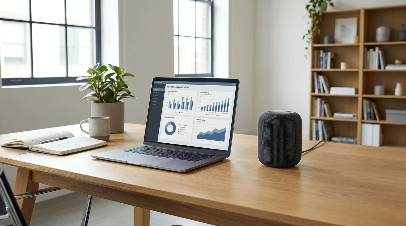 Moderner Büroarbeitsplatz mit Laptop, Analytics-Dashboard und smartem Lautsprecher zur Optimierung für die Sprachsuche