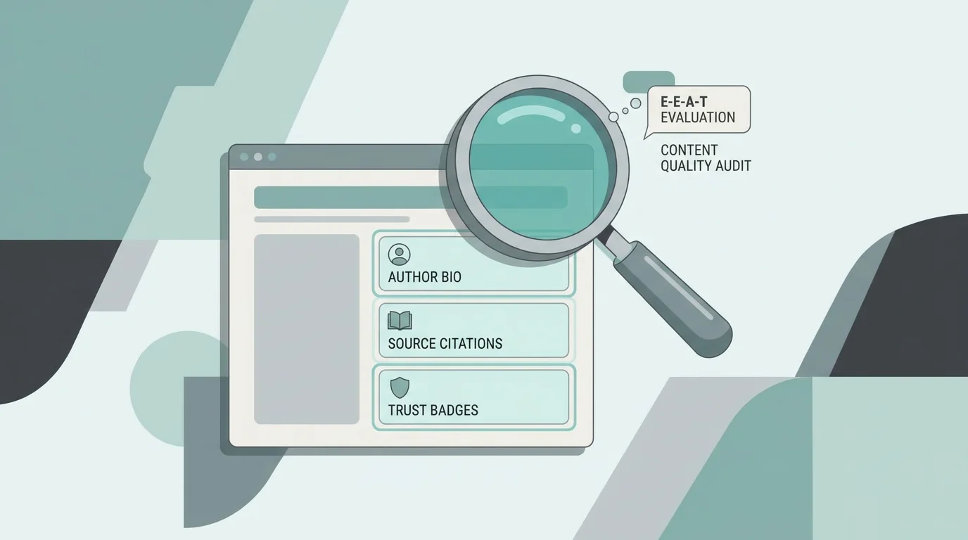 Illustration eines E-E-A-T-Content-Audits mit Signalen für Autorenexpertise und Vertrauen auf einer Webseite