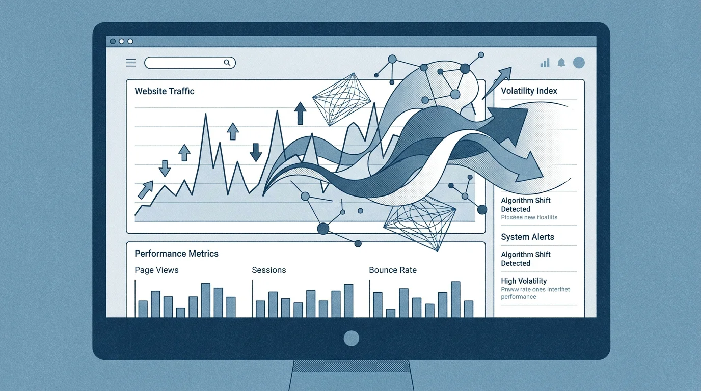 Dashboard-Illustration mit Traffic-Schwankungen einer Website nach einem Google-Algorithmus-Update