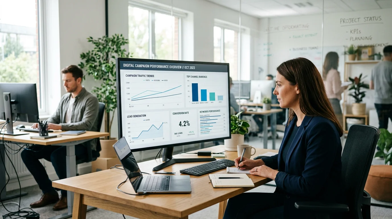 Marketing-Analyst prüft SEO-Performance-Dashboards auf einem großen Bildschirm