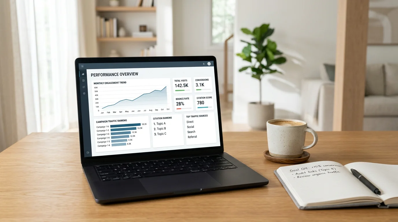 Marketing-Dashboard mit Suchrankings und Tracking von KI-Zitierungen auf einem Laptop