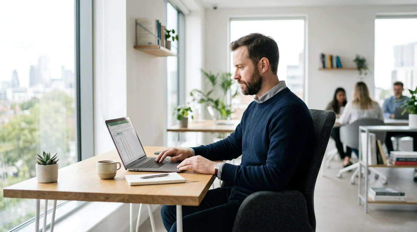 Fachkraft arbeitet entspannt an einem einzigen Laptop, Sinnbild für automatisierte SEO-Workflows