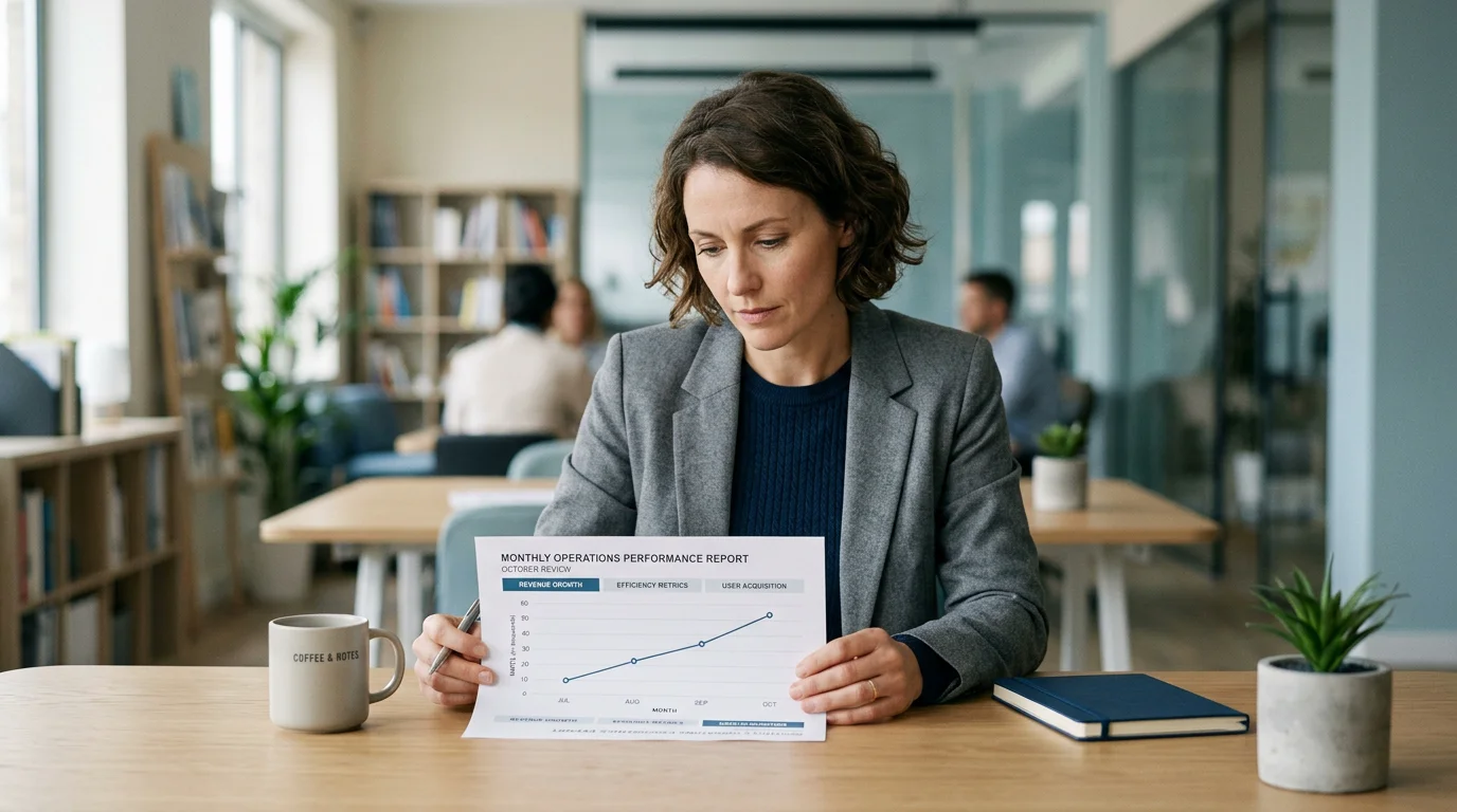 Un professionista esamina un report mensile delle performance SEO con grafici in crescita