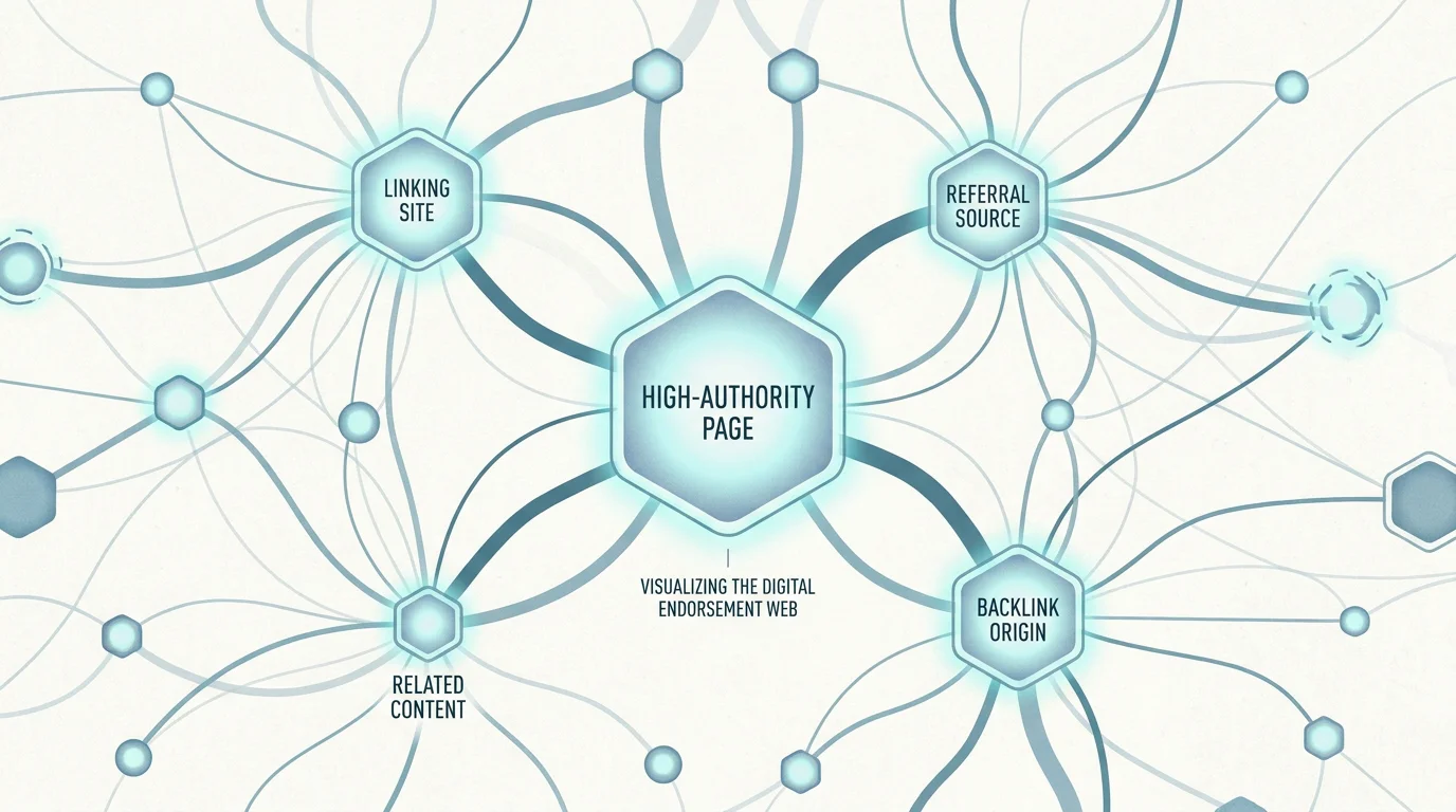 Diagrama de rede que ilustra backlinks a fluir para uma página web de elevada autoridade