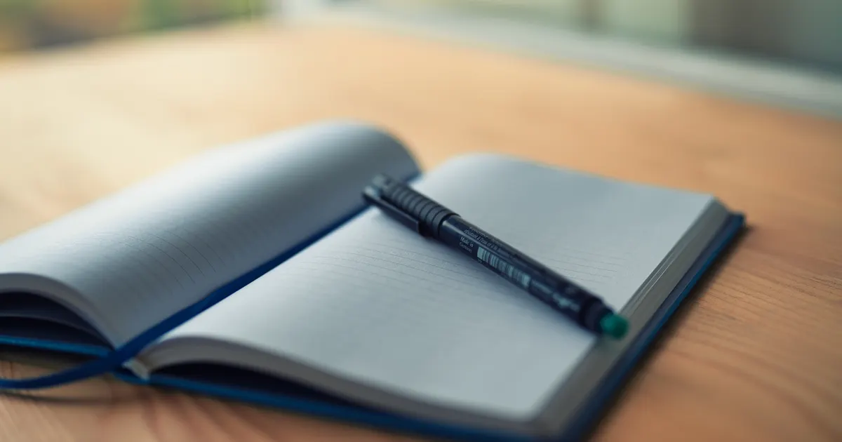Ein aufgeschlagenes Notizbuch und ein Stift auf einem Schreibtisch neben einem Laptop, bereit zum Schreiben