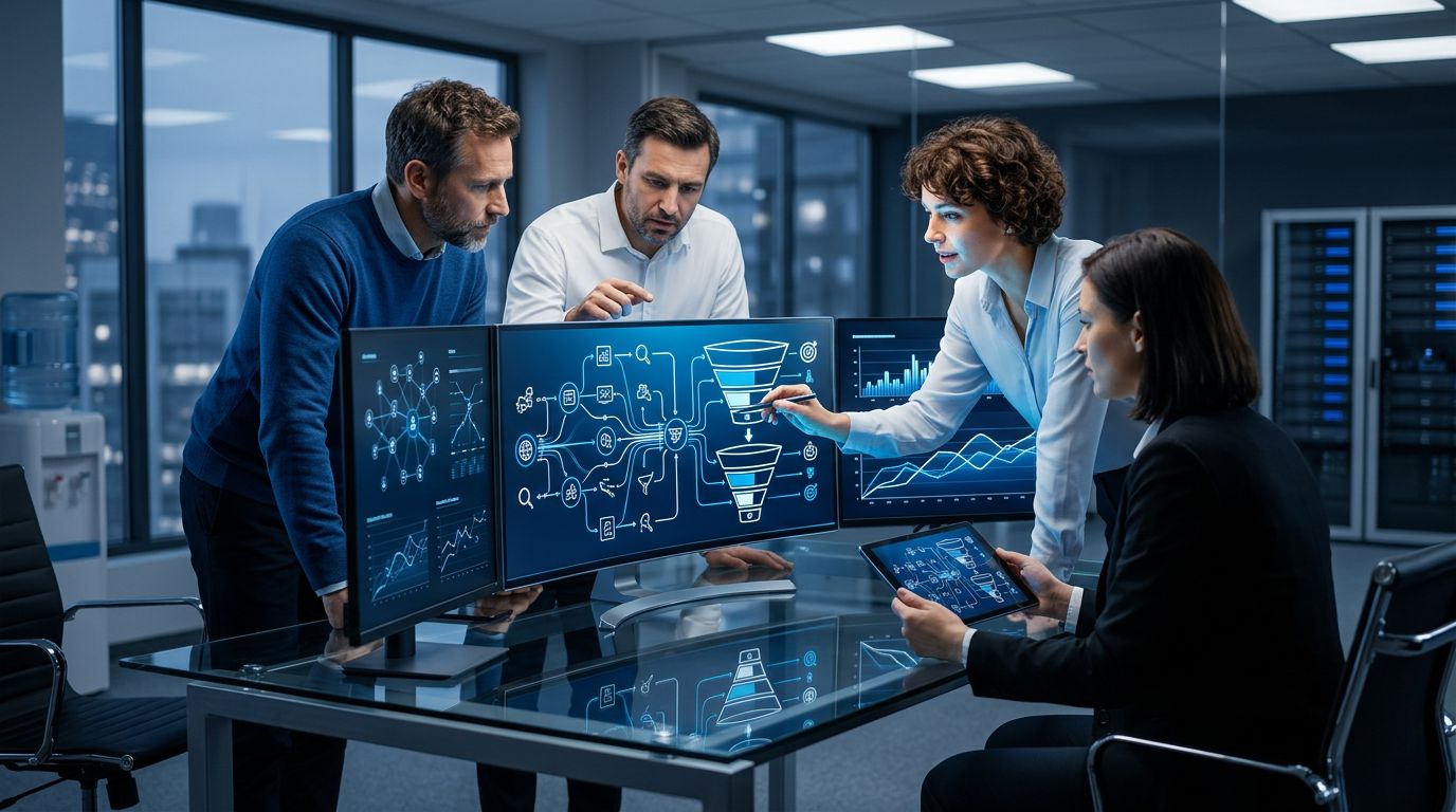 Bureau de marketing avec un ordinateur portable et des tableaux de bord de statistiques, illustrant un comparatif d'outils marketing digital