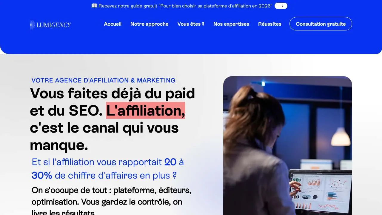 Homepage of the Lumigency affiliate marketing agency website