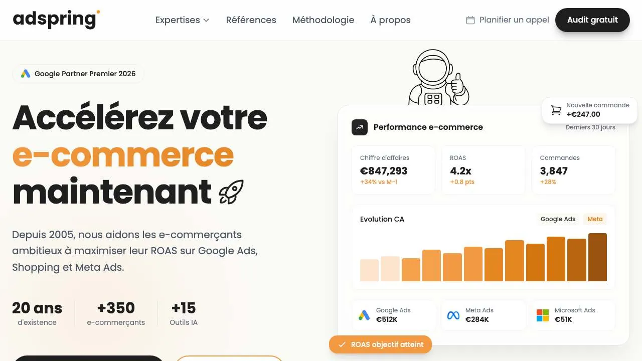 Homepage of the Adspring e-commerce acquisition agency website