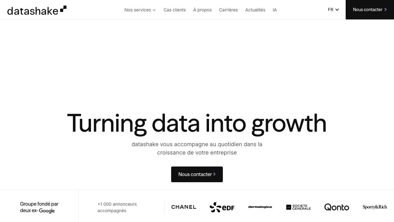 Homepage of the datashake digital acceleration group website
