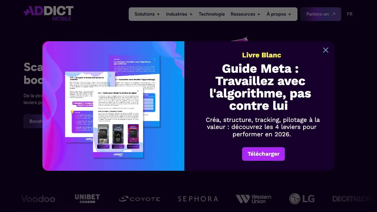 Homepage of the Addict Mobile performance marketing agency website