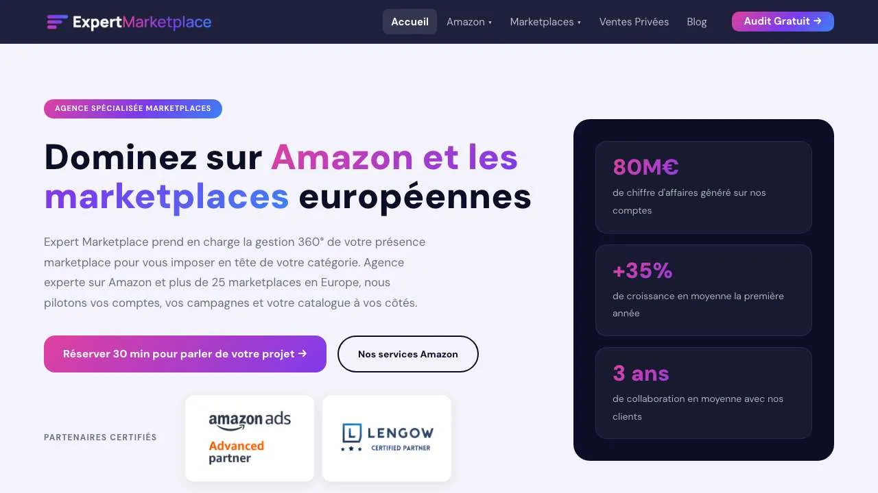Amazon・マーケットプレイスエージェンシー Expert Marketplace のウェブサイトのトップページ