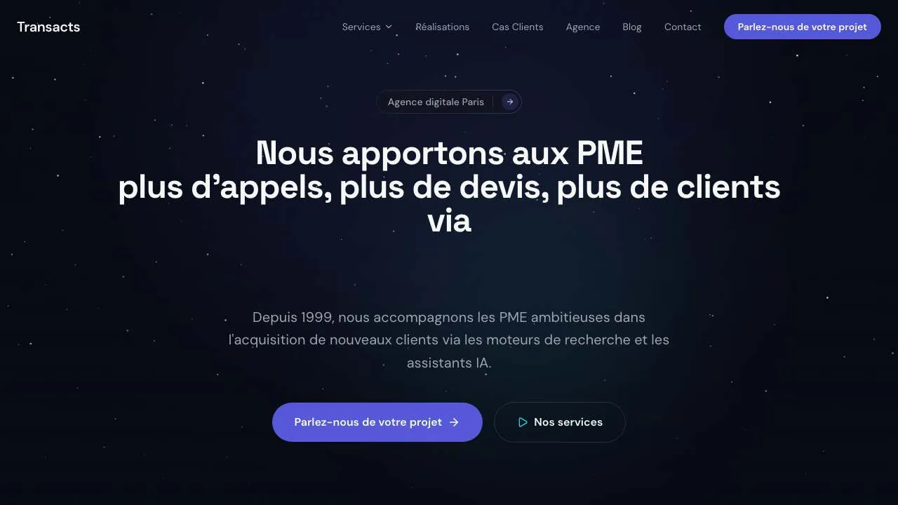 Transactsのデジタルエージェンシーのウェブサイトのトップページ