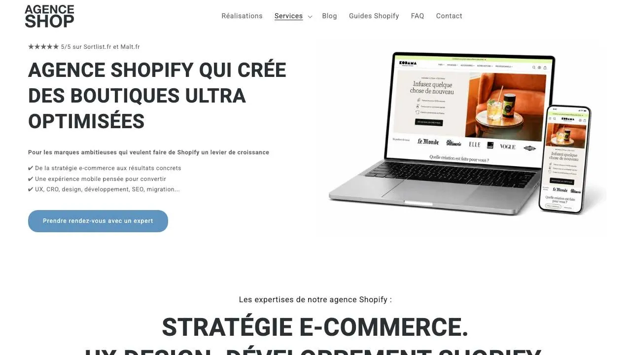 Agence ShopのShopifyとCROのエージェンシーのウェブサイトのトップページ