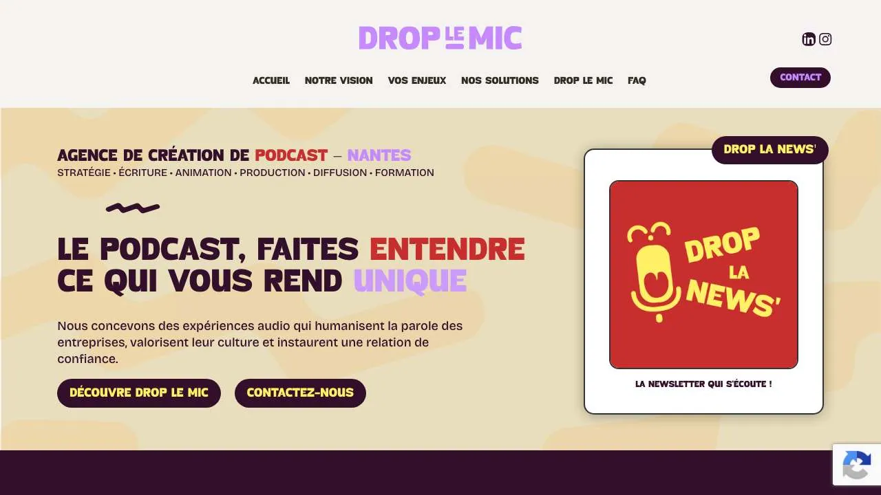 Homepage of the Drop le Mic podcast agency website