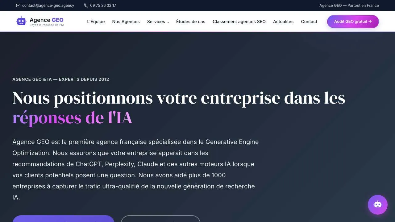 生成AI最適化のエージェンシーAgence GEOのウェブサイトのトップページ