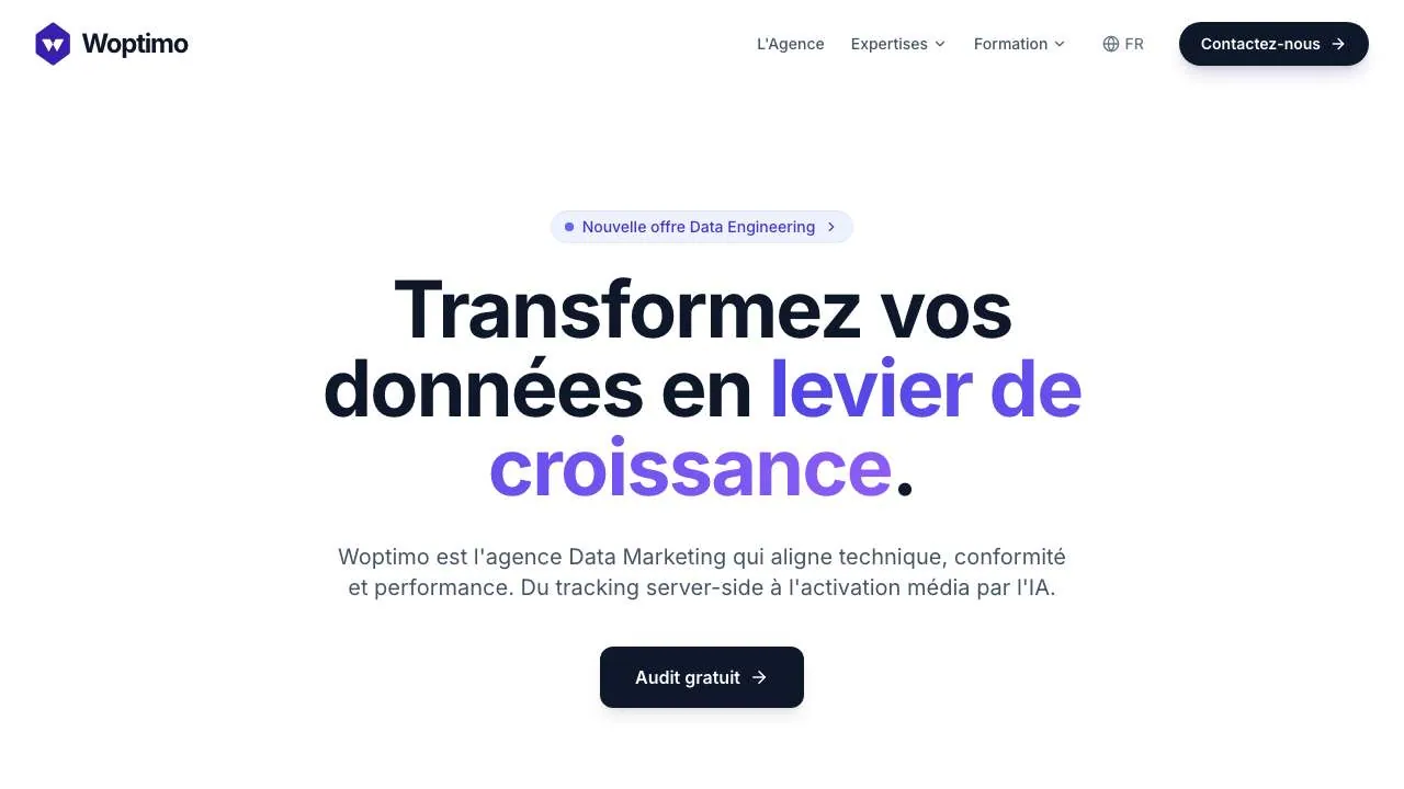 データマーケティング・アナリティクスのエージェンシー Woptimo のウェブサイトのトップページ