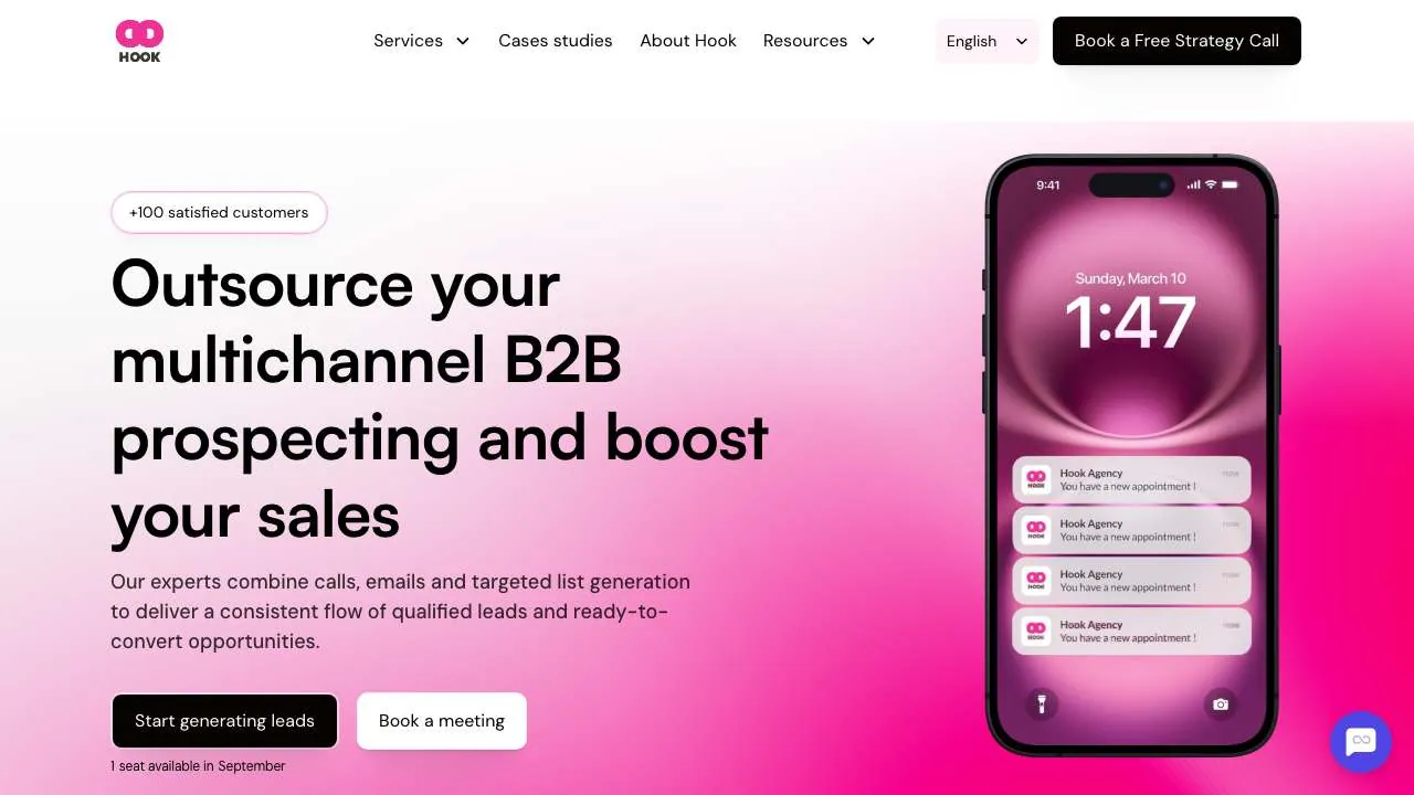 アウトバウンド営業のHook Agencyのウェブサイトのトップページ
