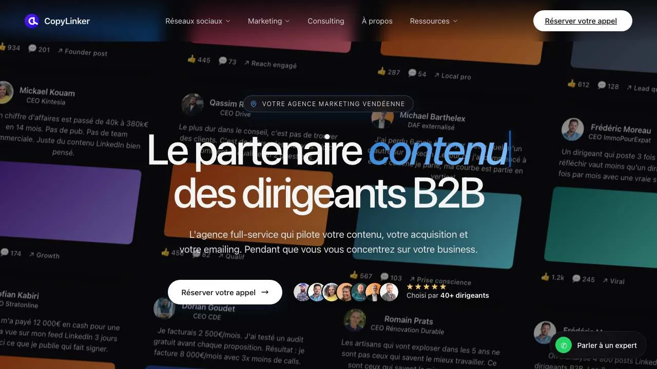 CopyLinkerのLinkedInマーケティングエージェンシーのウェブサイトのトップページ