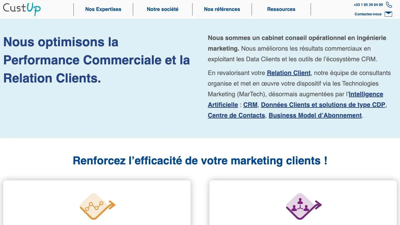 顧客関係のコンサルティング会社CustUpのウェブサイトのトップページ