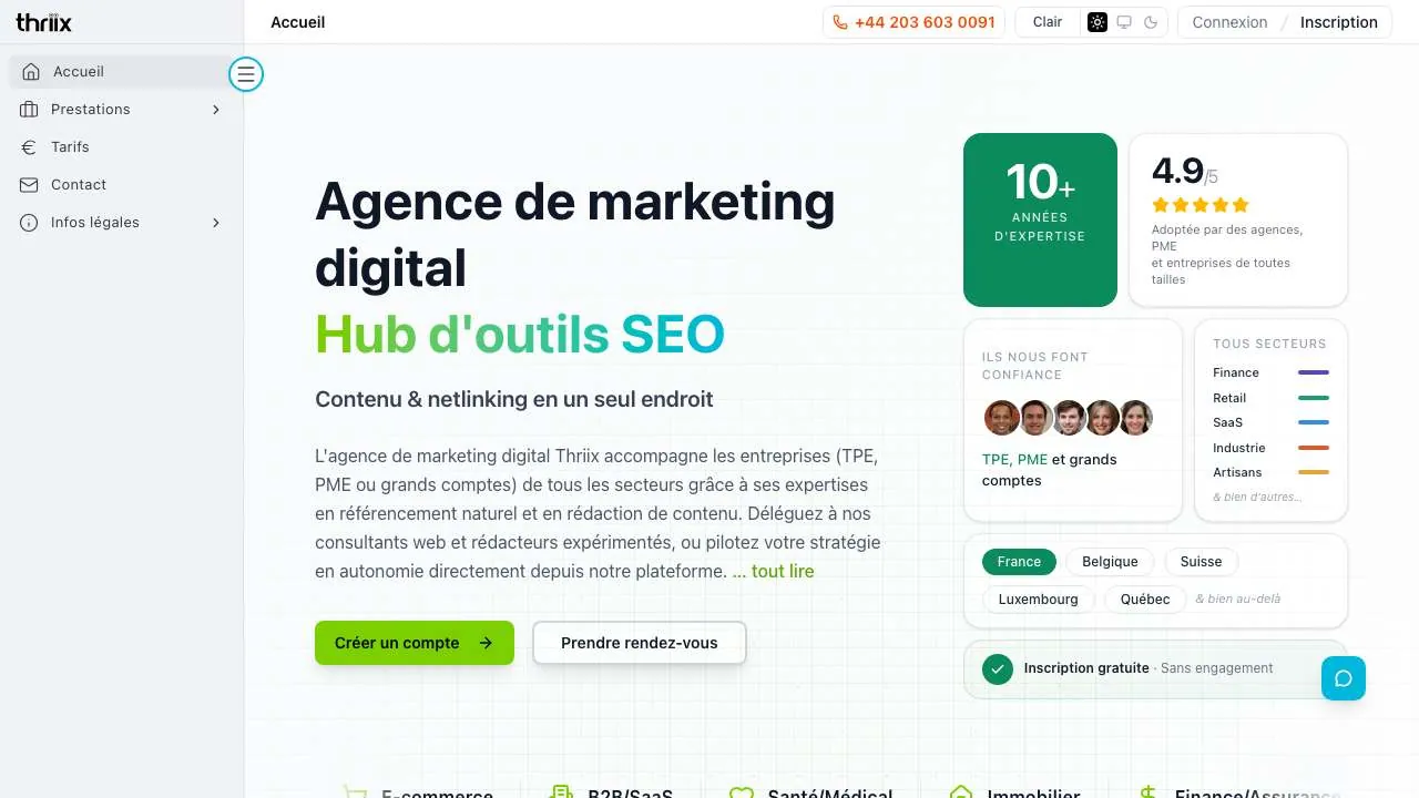 SEO・被リンク獲得エージェンシー Thriix のウェブサイトのトップページ