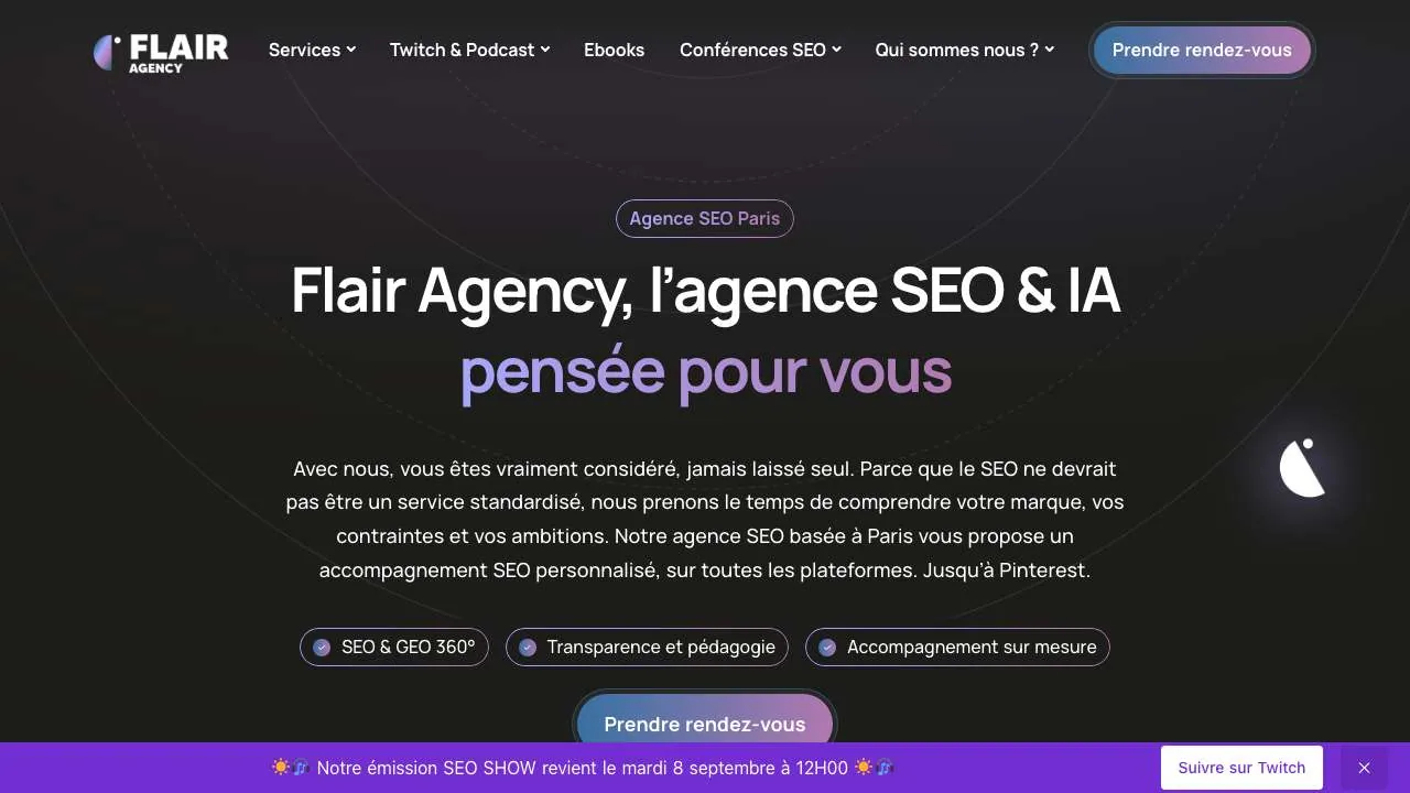 SEOエージェンシー Flair Agency のウェブサイトのトップページ