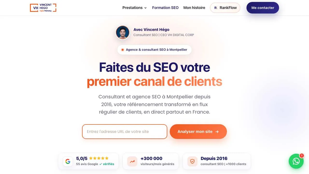 SEOコンサルタント Vincent Hego のウェブサイトのトップページ