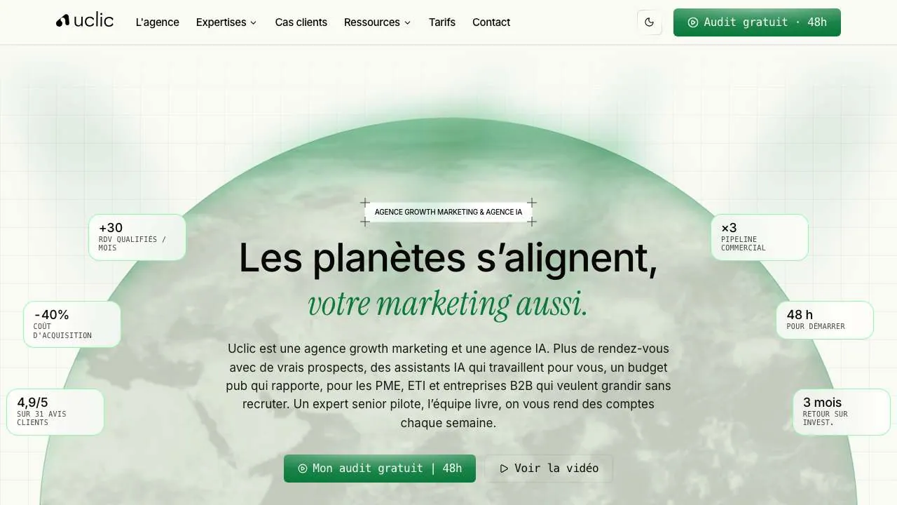 Homepage of the Uclic growth marketing agency website