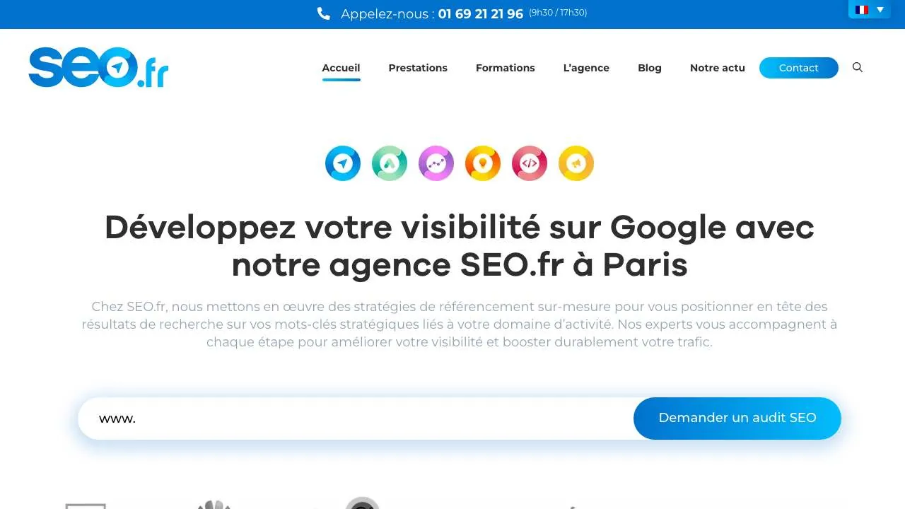 検索エージェンシーSEO.frのウェブサイトのトップページ