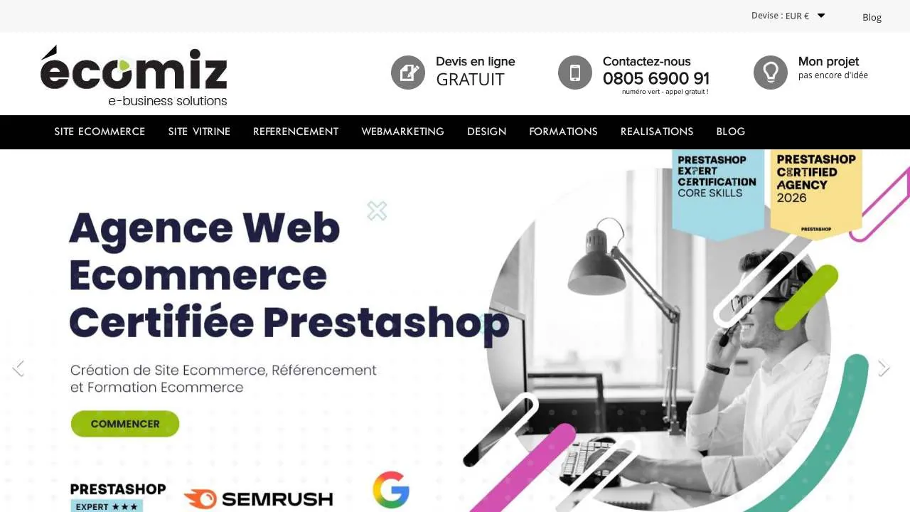 Eコマースエージェンシー Ecomiz のウェブサイトのトップページ