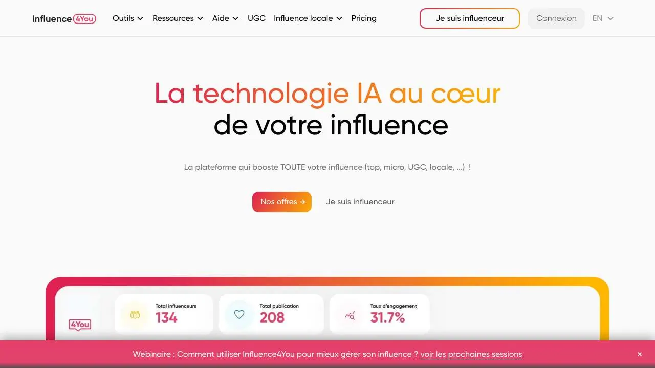 Influence4Youのプラットフォームのウェブサイトのトップページ