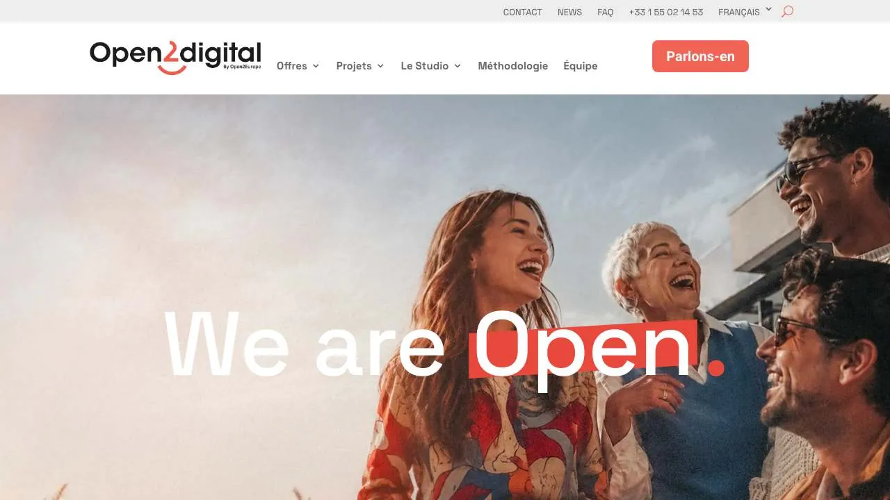 Open2Digitalエージェンシーのウェブサイトのトップページ