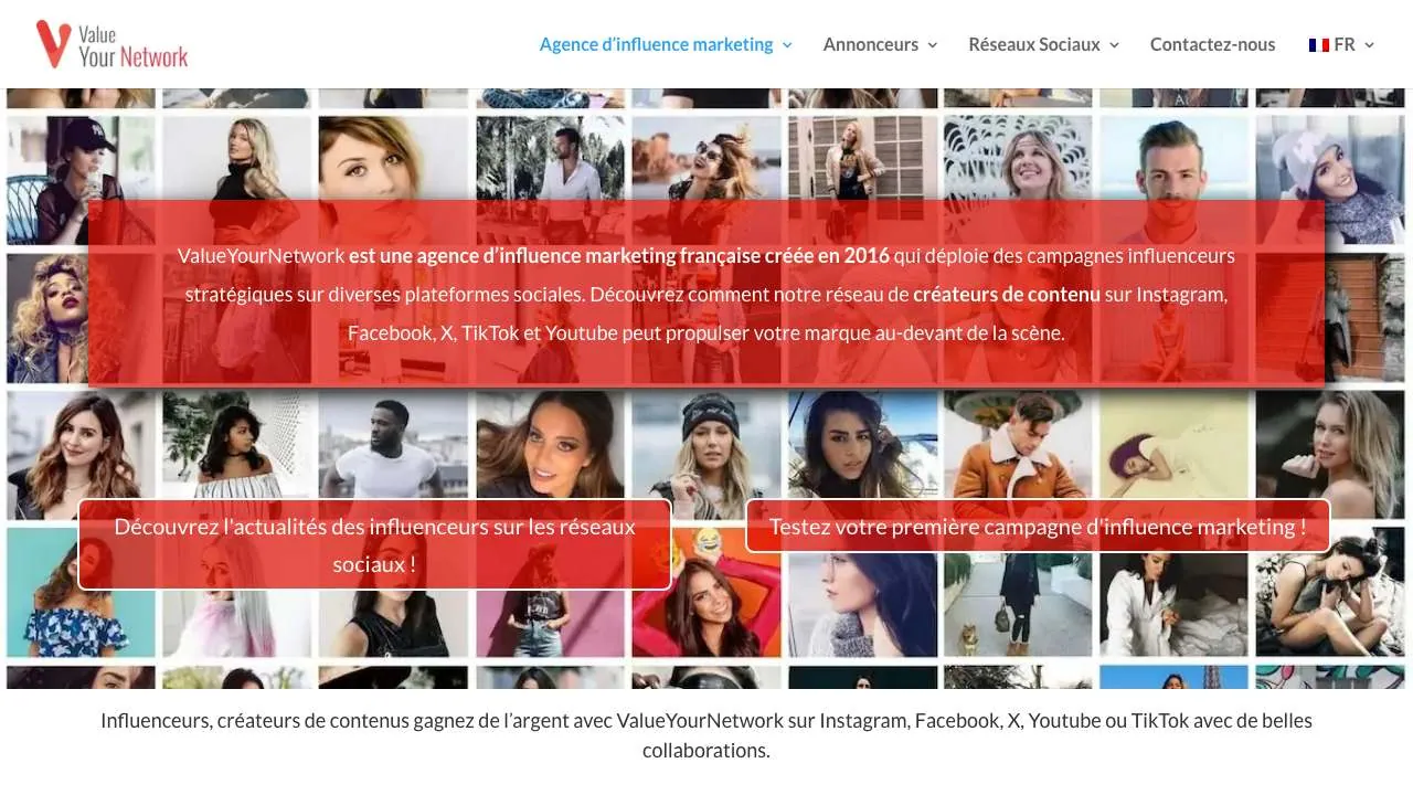 ValueYourNetworkのインフルエンスエージェンシーのウェブサイトのトップページ