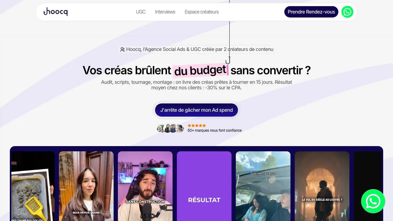 ソーシャル広告とクリエイターコンテンツのエージェンシー Hoocq のウェブサイトのトップページ