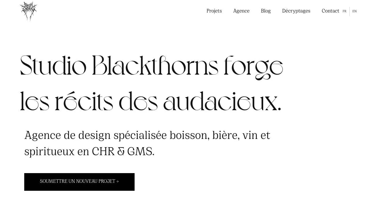 飲料デザインのエージェンシーBlackthorns Studioのウェブサイトのトップページ