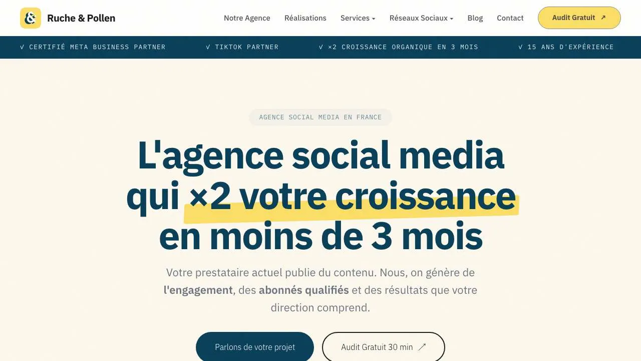 Ruche and Pollenのソーシャルメディアエージェンシーのウェブサイトのトップページ