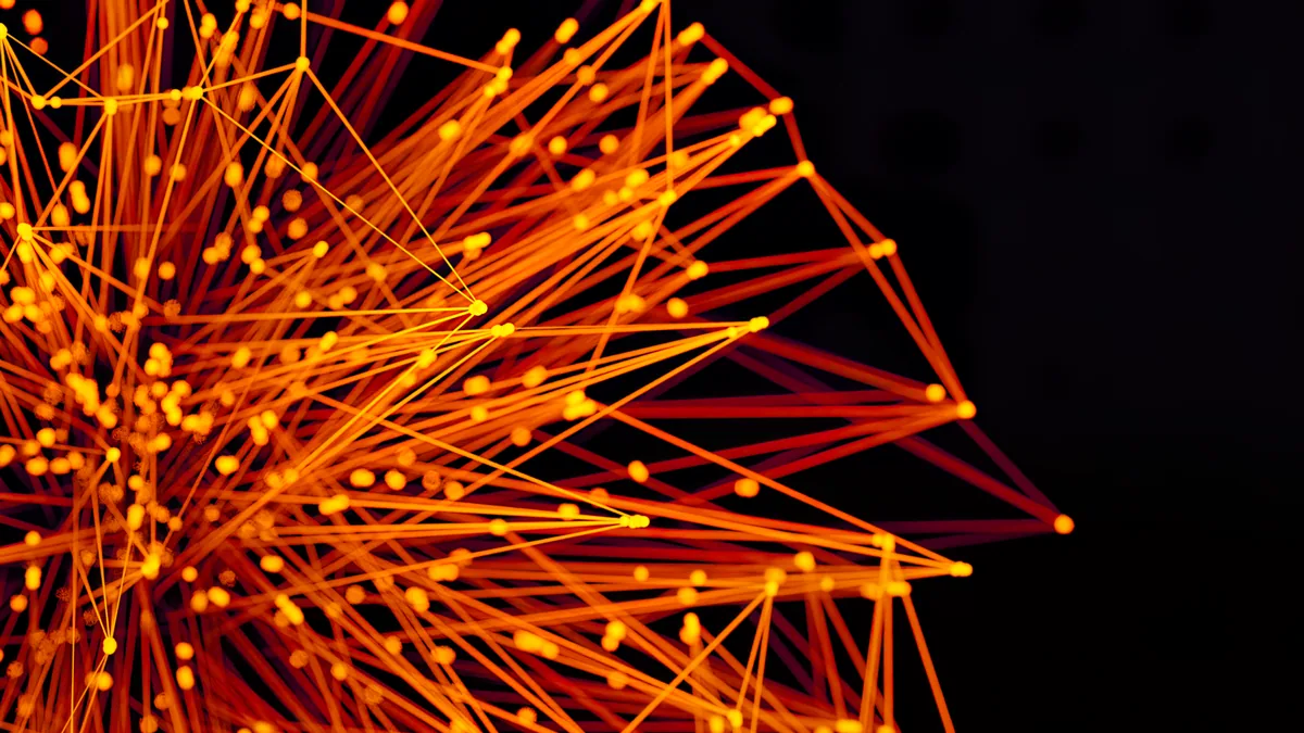 Abstract orange lines and dots forming a network, illustrating the ranking of the best link building agencies in France