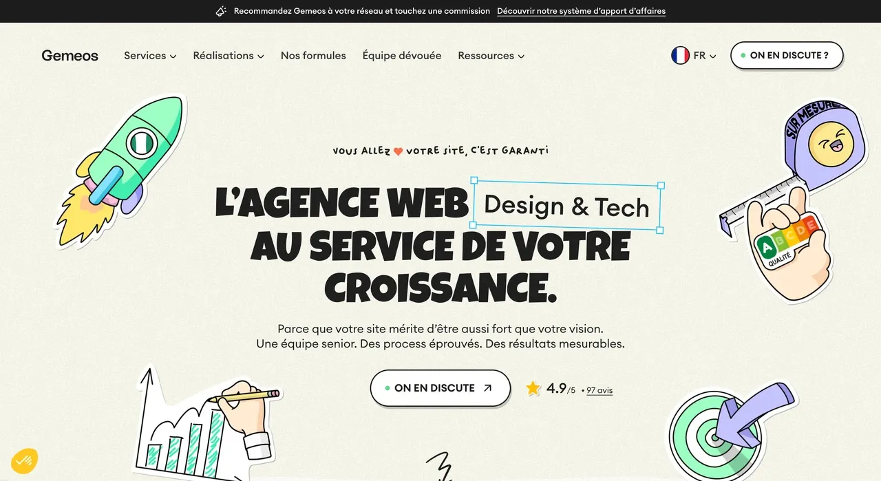 デザインとテクノロジーのエージェンシーGemeosのウェブサイトのトップページ