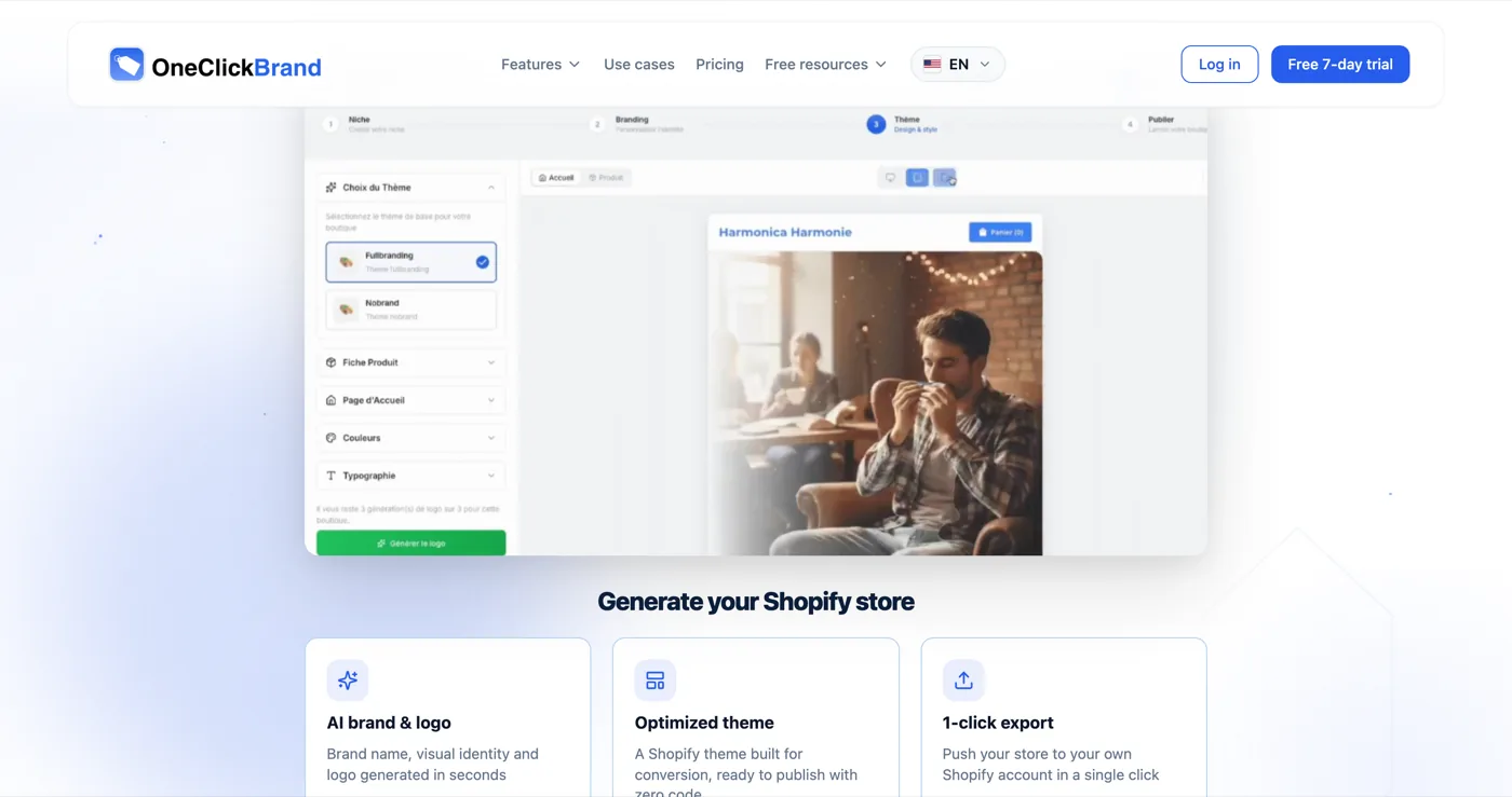 O gerador de lojas Shopify do OneClickBrand com as etapas de nicho, marca, tema e publicação