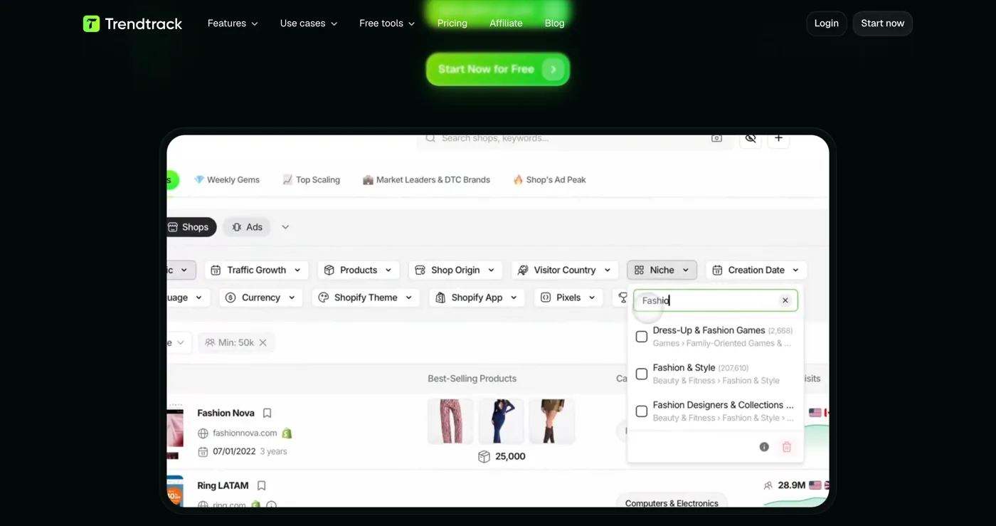 A busca de lojas do Trendtrack com filtros de crescimento de tráfego, produtos, país e tema Shopify